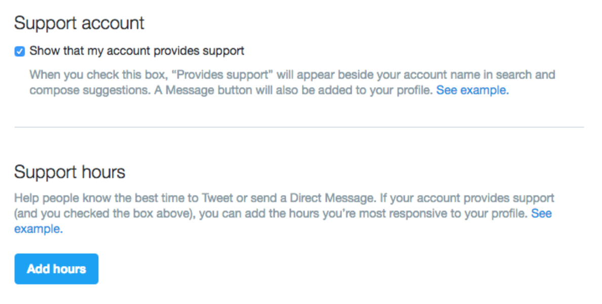 Twitter Customer support settings page